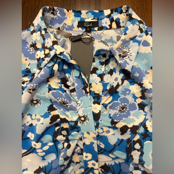 Rails Lisa Blouse Small Zinnia Blue Floral Long Sleeve Stretch Button Up Ruched - Picture 8 of 16